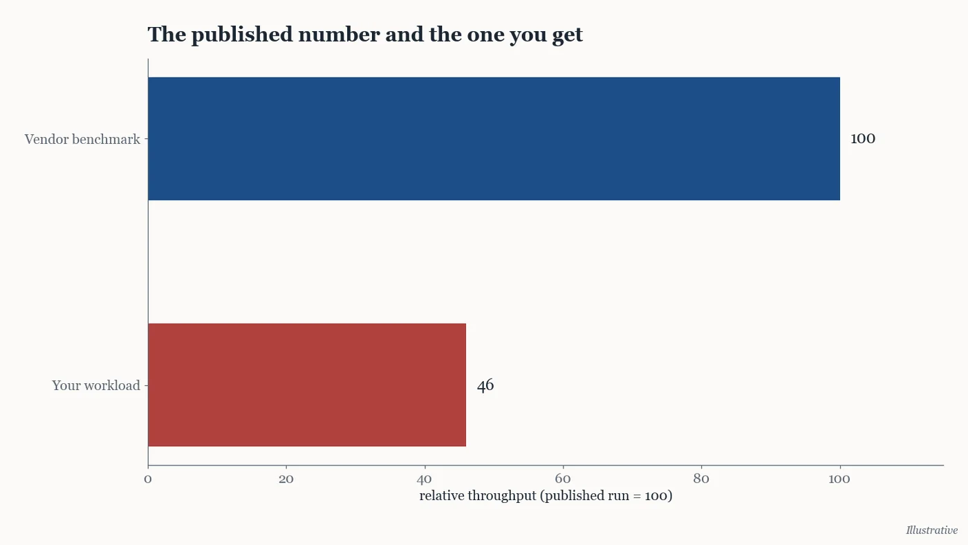 Illustrative chart of a published benchmark result towering over the same platform's numbers on a real workload